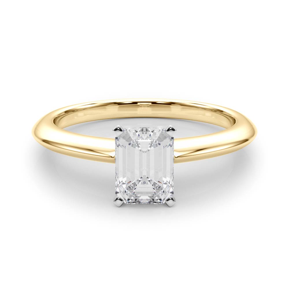 Yellow gold Emerald Solitaire Diamond Ring with Six-Prong Setting on a Classic Band