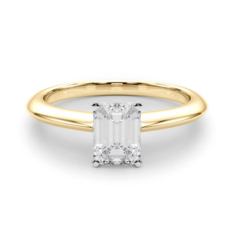 Yellow gold Emerald Solitaire Diamond Ring with Six-Prong Setting on a Classic Band