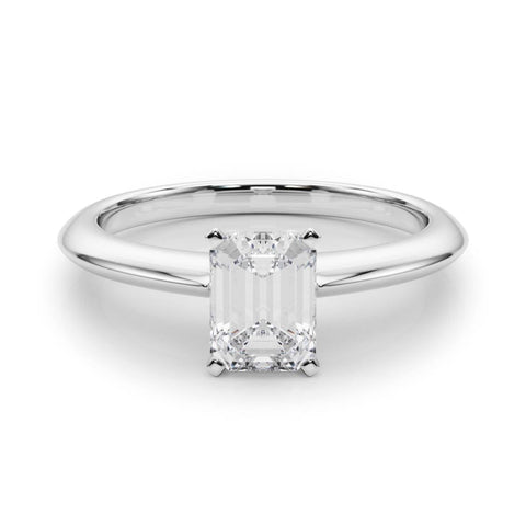 White gold Emerald Solitaire Diamond Ring with Six-Prong Setting on a Classic Band