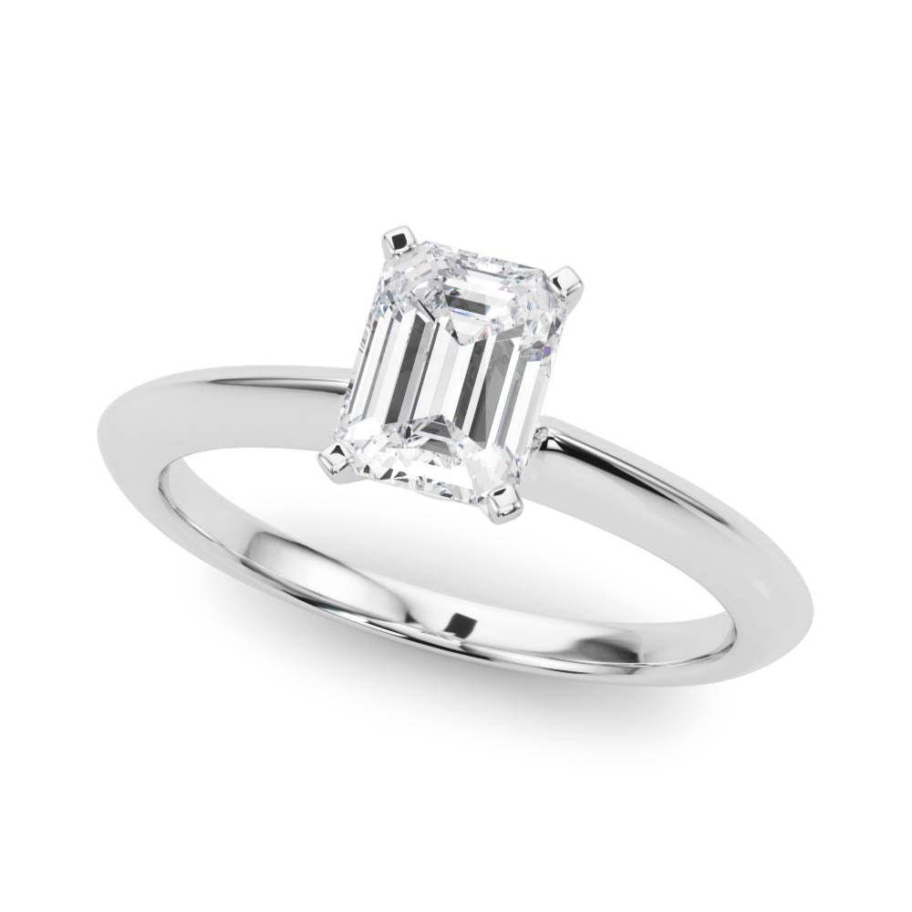 White gold Emerald Solitaire Diamond Ring with Six-Prong Setting on a Classic Band