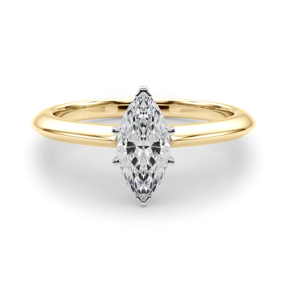 Yellow gold Marquise Solitaire Diamond Ring with Six-Prong Setting on a Classic Band