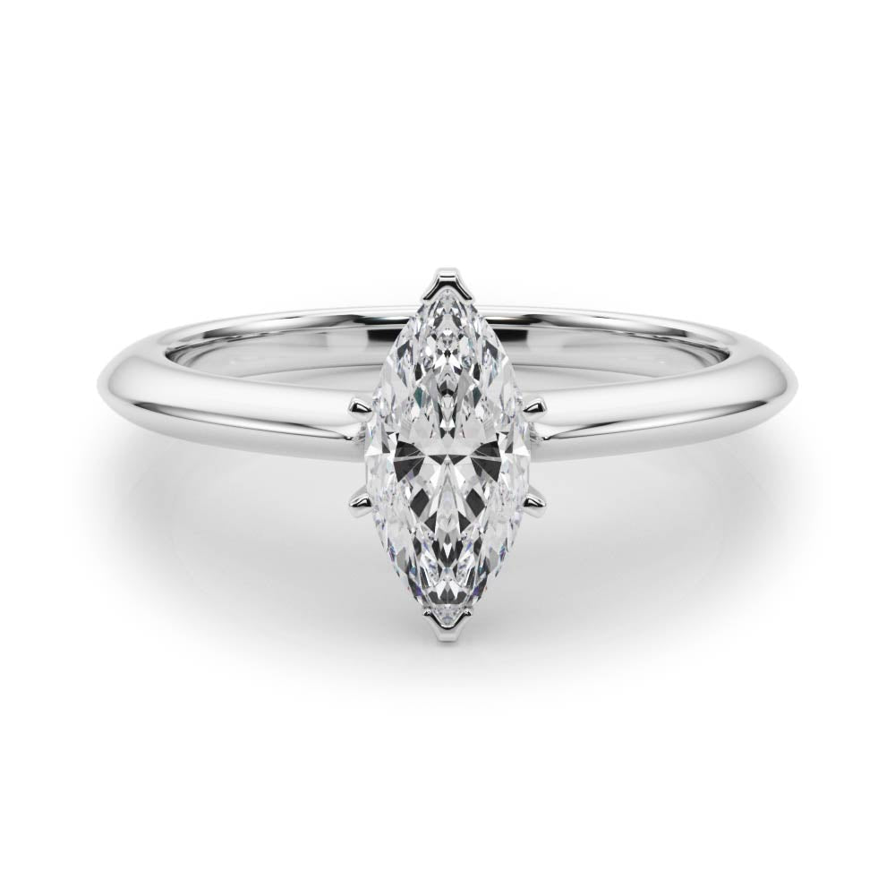 White gold Marquise Solitaire Diamond Ring with Six-Prong Setting on a Classic Band
