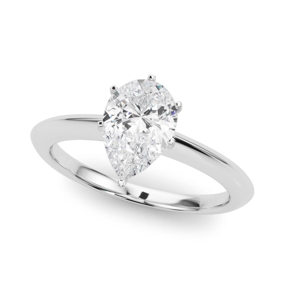 White gold Pear Solitaire Diamond Ring with Six-Prong Setting on a Classic Band