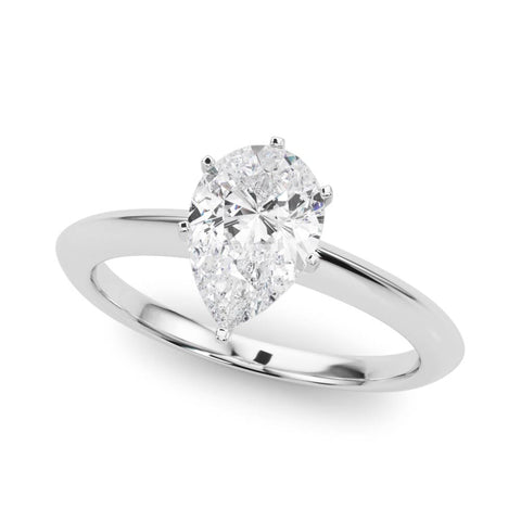 White gold Pear Solitaire Diamond Ring with Six-Prong Setting on a Classic Band
