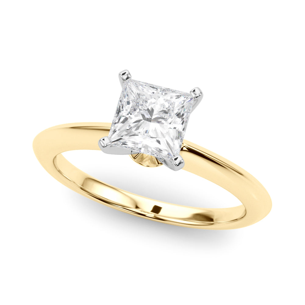 Yellow gold Cushion Solitaire Diamond Ring with Six-Prong Setting on a Classic Band
