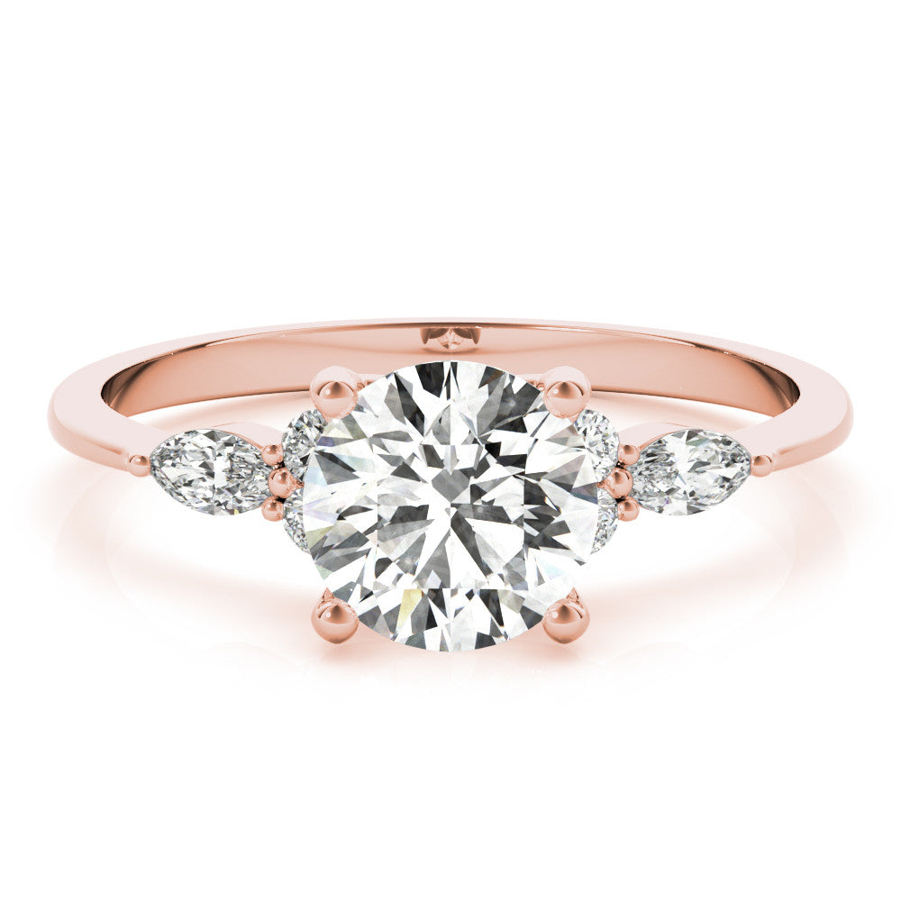 Rose gold Round Brilliant Diamond Solitaire Ring with Pear Side Stones and Four-Prong Setting