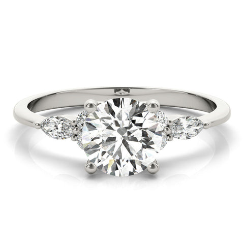 Platinum Round Brilliant Diamond Solitaire Ring with Pear Side Stones and Four-Prong Setting