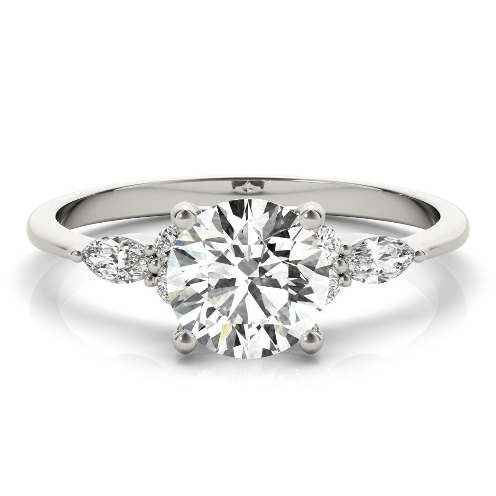 Silver Round Brilliant Diamond Solitaire Ring with Pear Side Stones and Four-Prong Setting