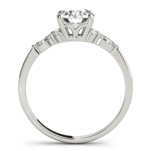 Platinum Round Brilliant Diamond Solitaire Ring with Pear Side Stones and Four-Prong Setting