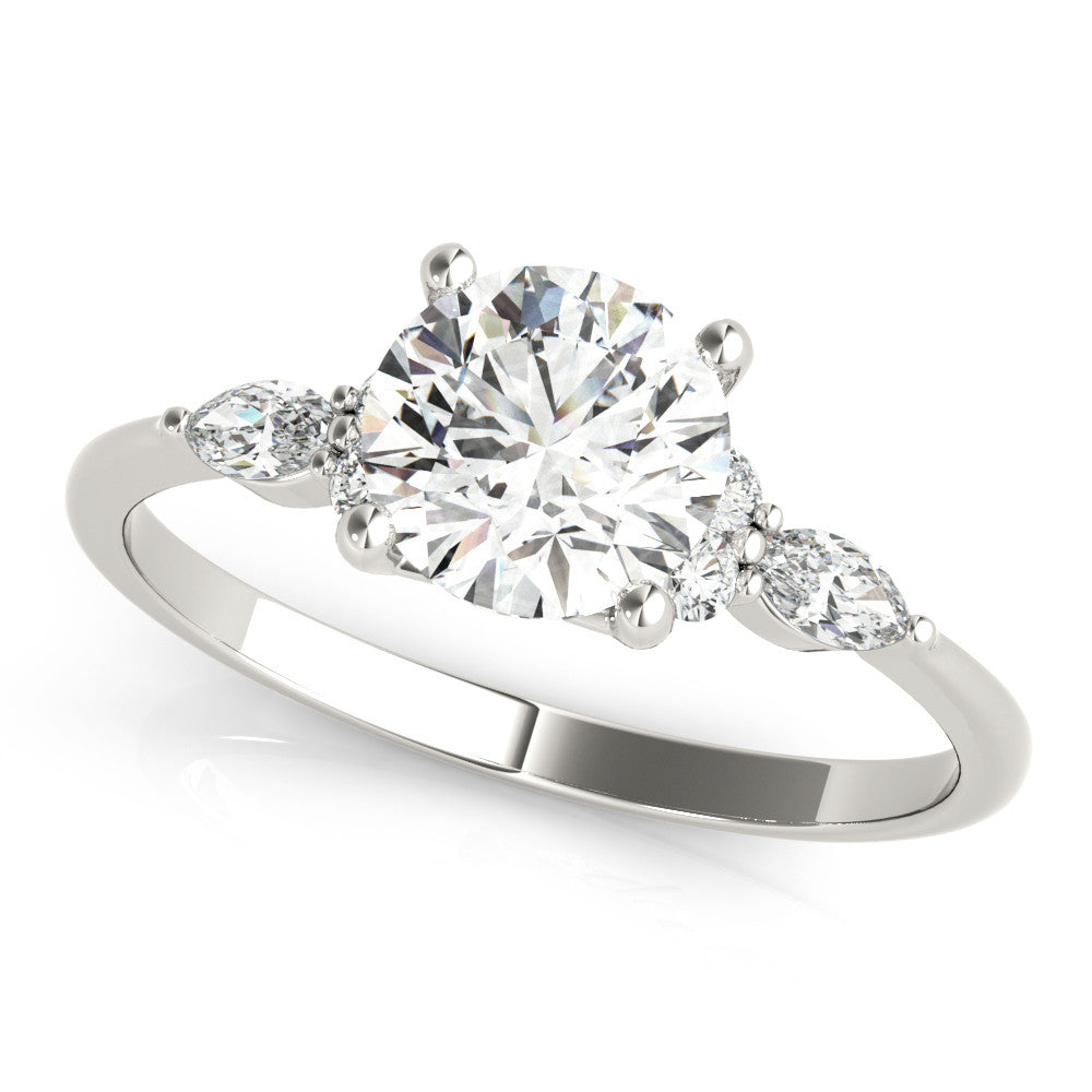 Silver Round Brilliant Diamond Solitaire Ring with Pear Side Stones and Four-Prong Setting