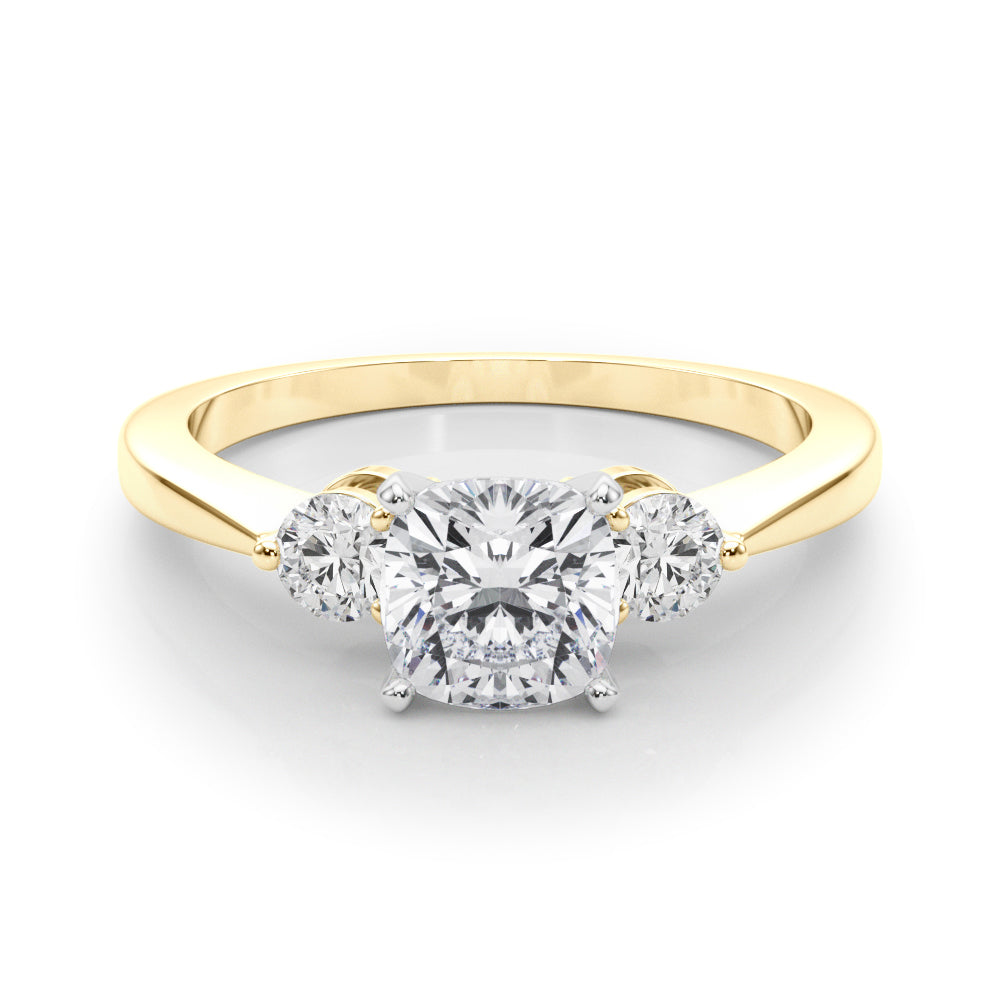 Yellow gold Three-Stone Cushion Solitaire Ring with Tapered Band and Four-Prong Setting