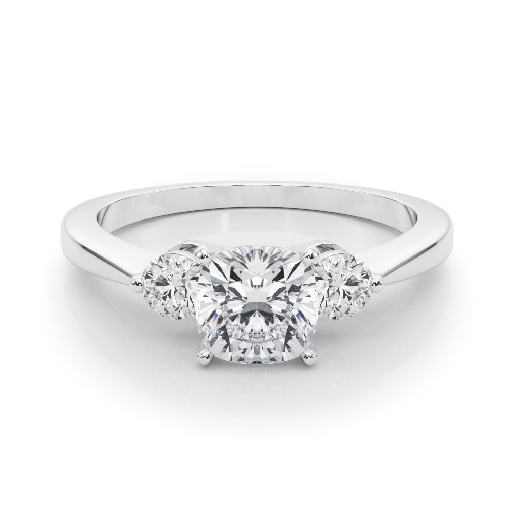 Platinum Three-Stone Cushion Solitaire Ring with Tapered Band and Four-Prong Setting