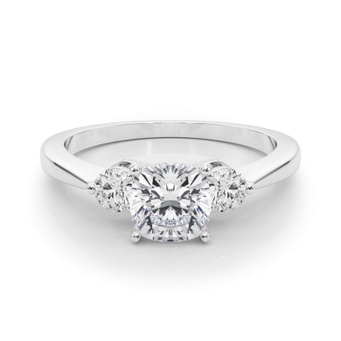 Silver Three-Stone Cushion Solitaire Ring with Tapered Band and Four-Prong Setting
