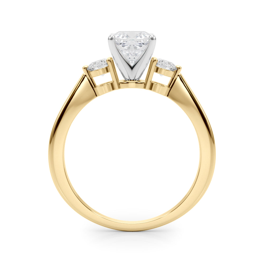 Yellow gold Three-Stone Cushion Solitaire Ring with Tapered Band and Four-Prong Setting