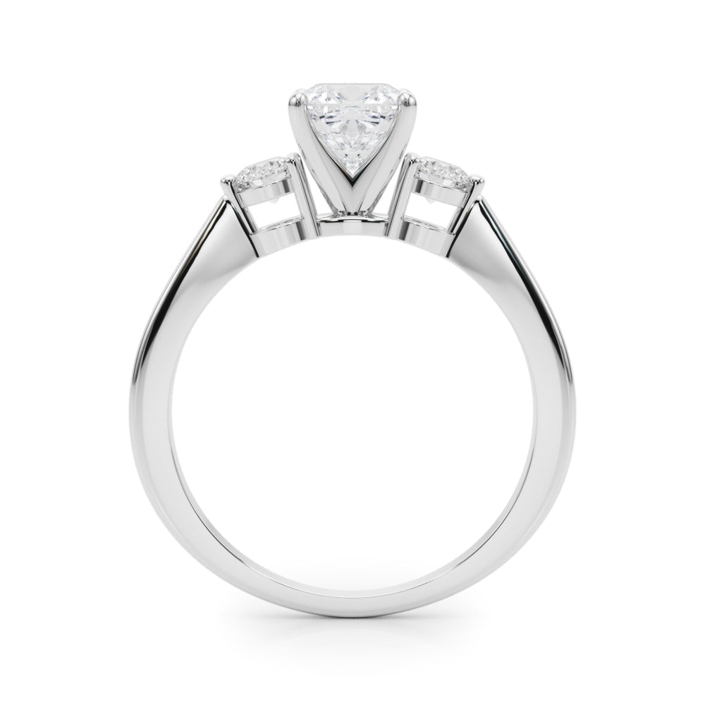 Platinum Three-Stone Cushion Solitaire Ring with Tapered Band and Four-Prong Setting