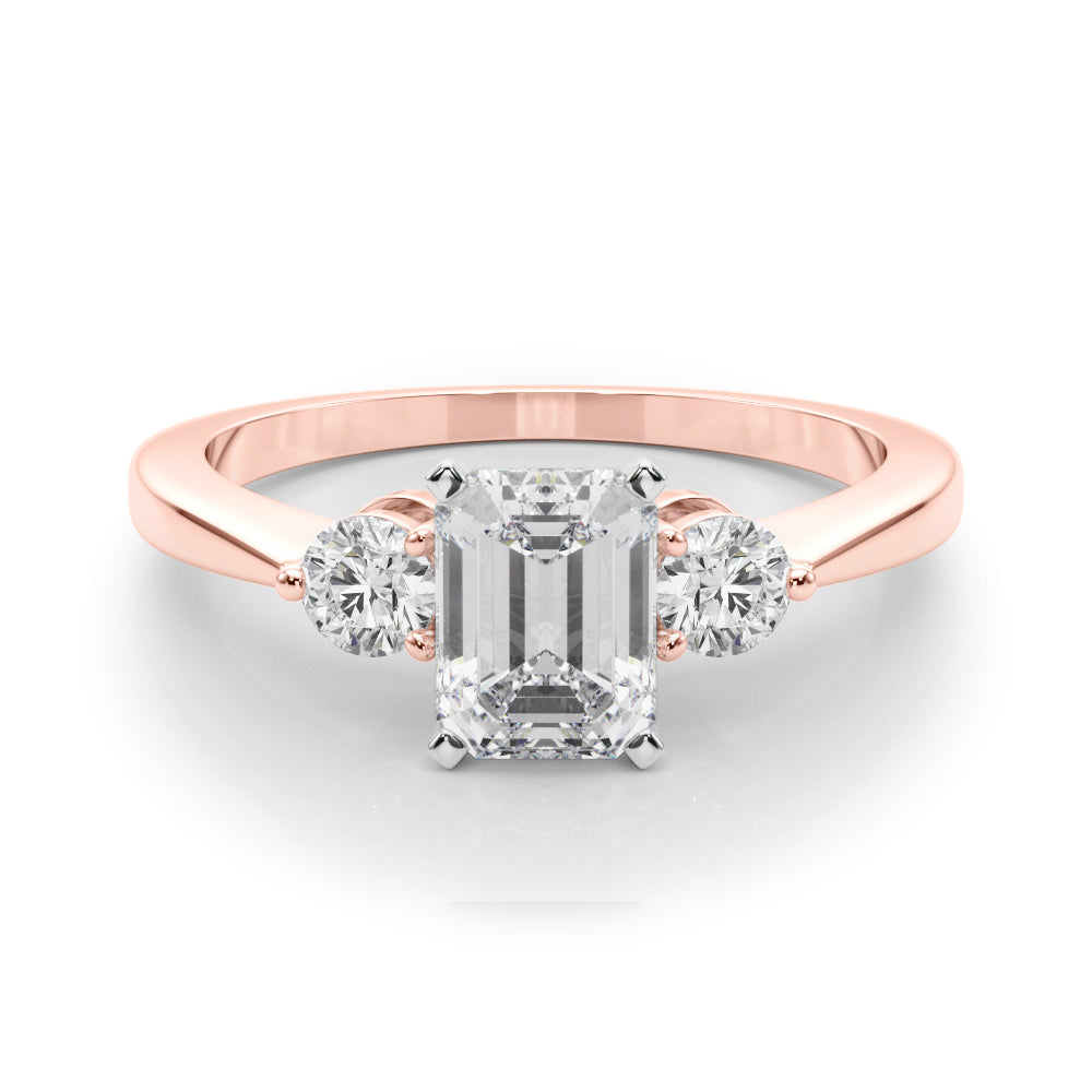 Rose gold Three-Stone Emerald Solitaire Ring with Tapered Band and Four-Prong Setting