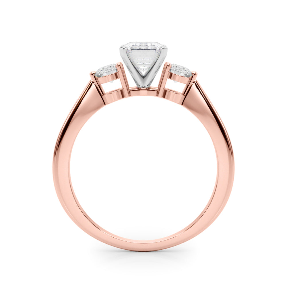 Rose gold Three-Stone Radiant Solitaire Ring with Tapered Band and Four-Prong Setting