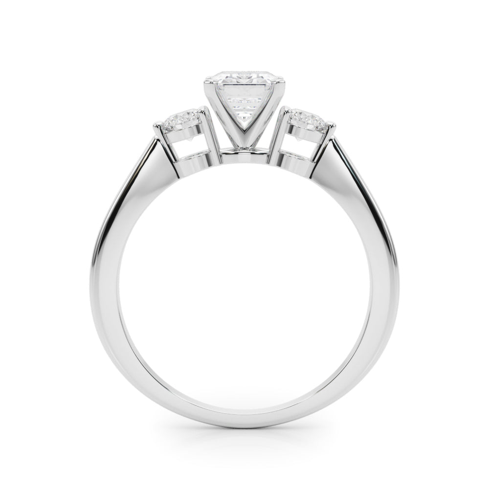 White gold Three-Stone Radiant Solitaire Ring with Tapered Band and Four-Prong Setting