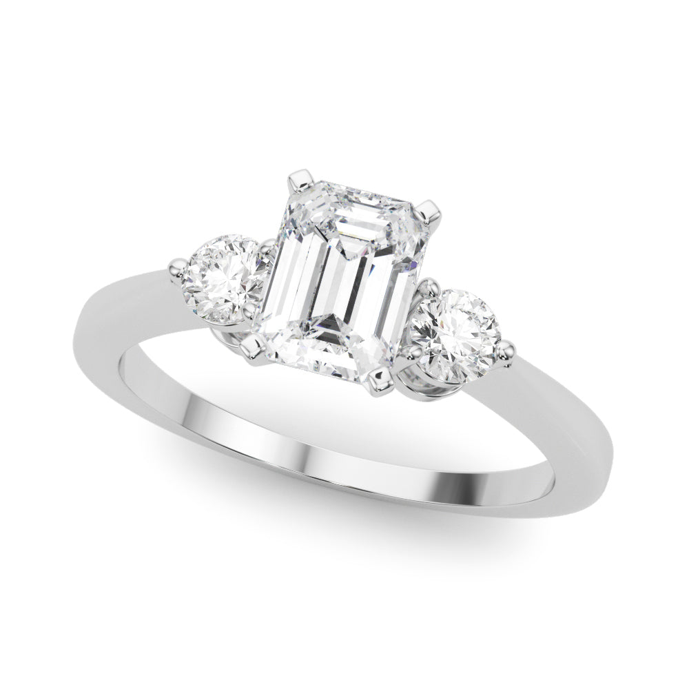 Platinum Three-Stone Emerald Solitaire Ring with Tapered Band and Four-Prong Setting