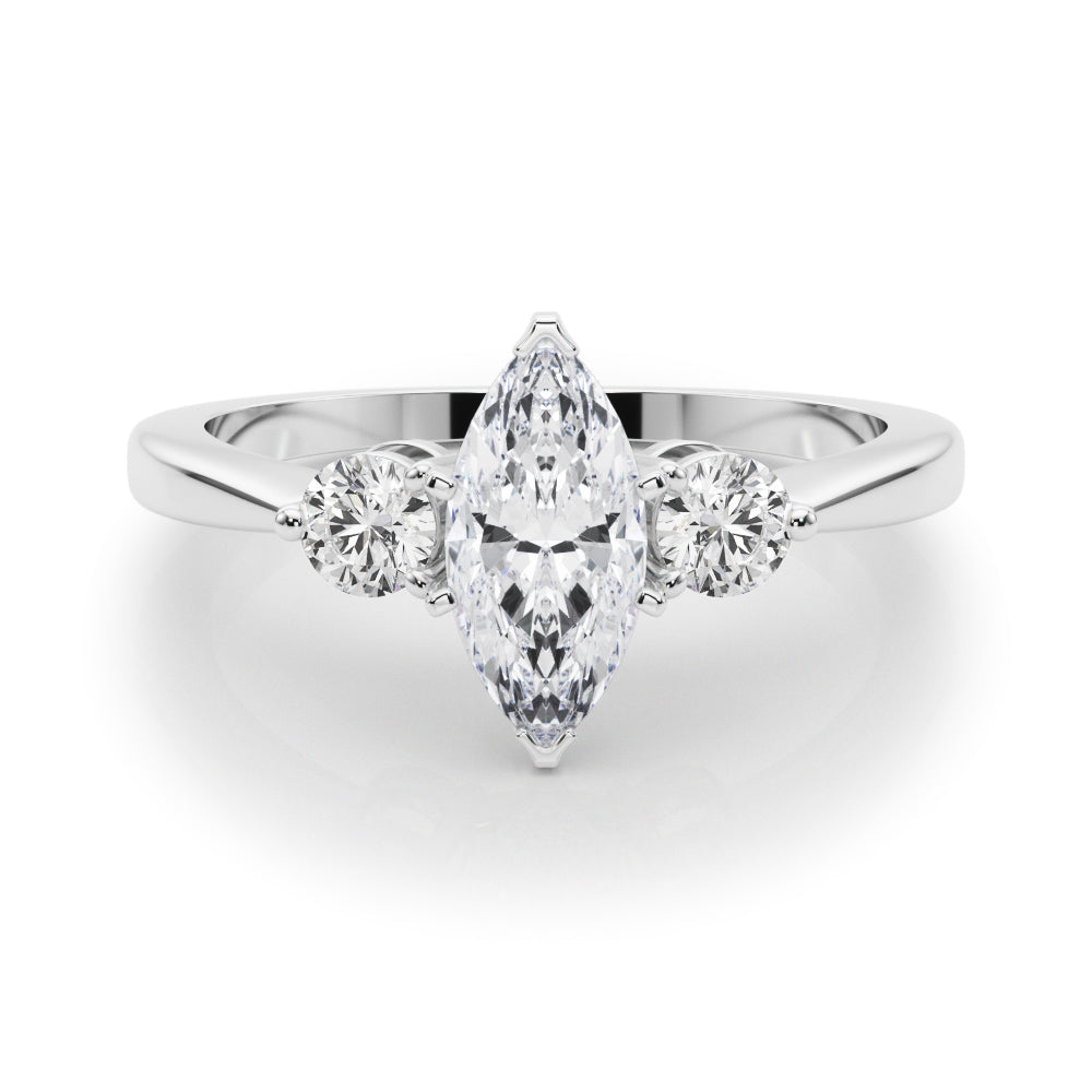 Platinum Three-Stone Marquise Solitaire Ring with Tapered Band and Four-Prong Setting