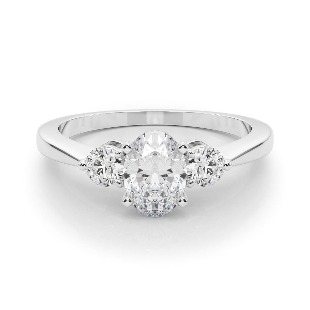 Platinum Three-Stone Oval Solitaire Ring with Tapered Band and Four-Prong Setting