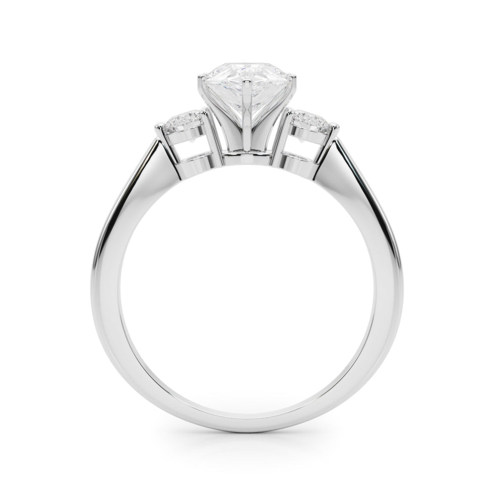 Platinum Three-Stone Pear Solitaire Ring with Tapered Band and Four-Prong Setting