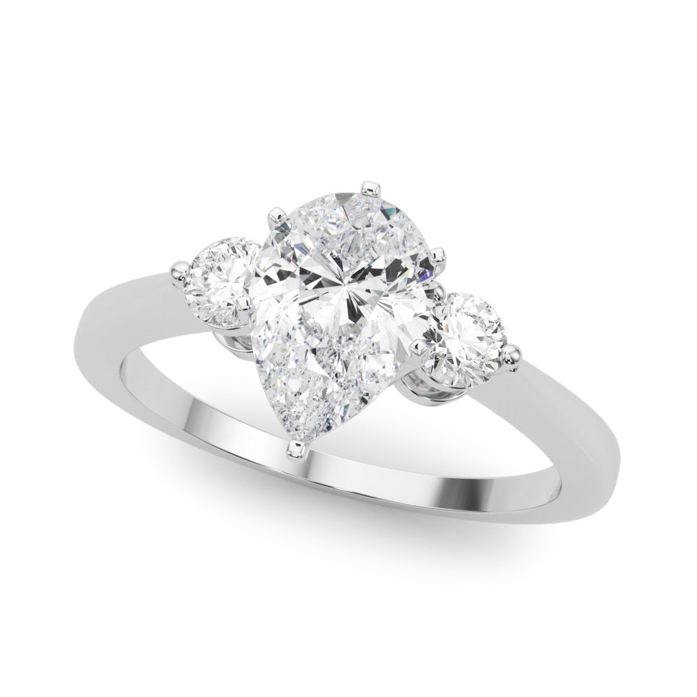 Platinum Three-Stone Pear Solitaire Ring with Tapered Band and Four-Prong Setting