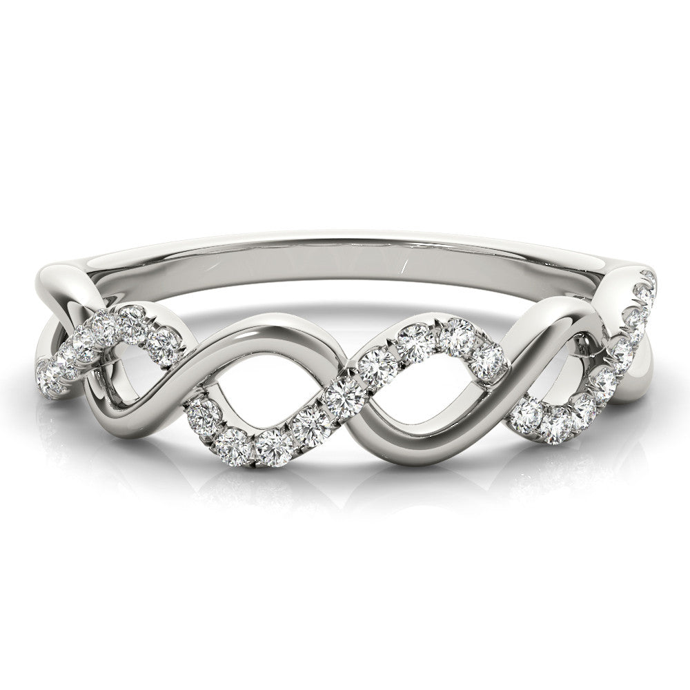 White gold Twist Infinity Diamond Band with Round Stones and Pavé Setting