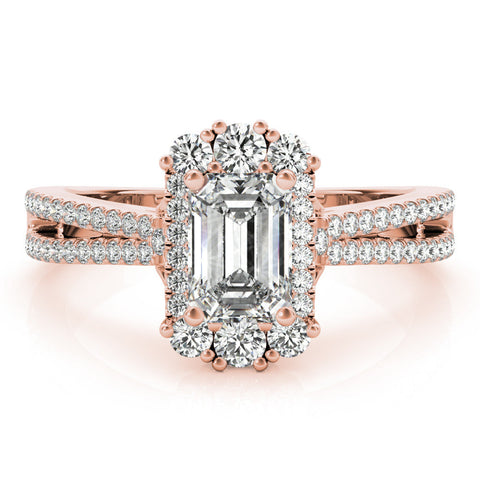 Rose gold Emerald Cut Halo Split Shank Ring with Prong Setting