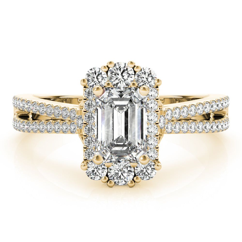 Yellow gold Radiant Cut Halo Split Shank Ring with Prong Setting