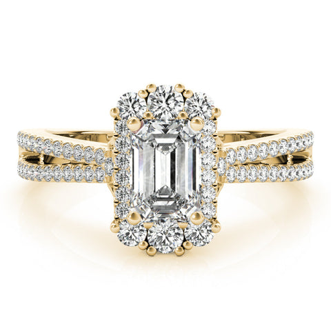 Yellow gold Emerald Cut Halo Split Shank Ring with Prong Setting