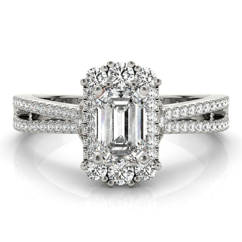 White gold Emerald Cut Halo Split Shank Ring with Prong Setting