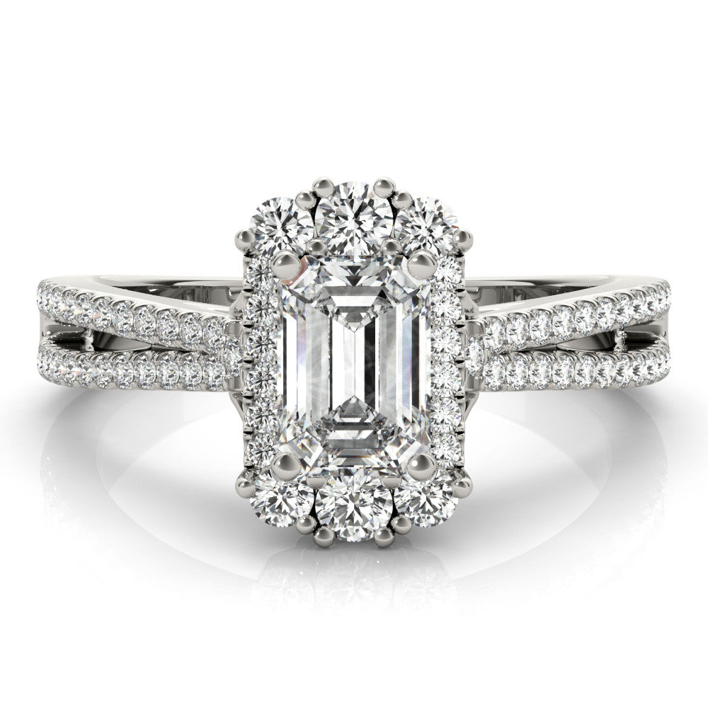 White gold Radiant Cut Halo Split Shank Ring with Prong Setting
