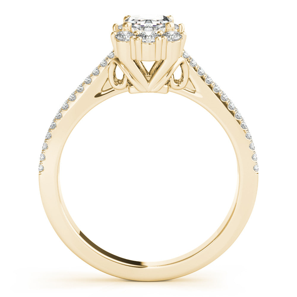 Yellow gold Emerald Cut Halo Split Shank Ring with Prong Setting