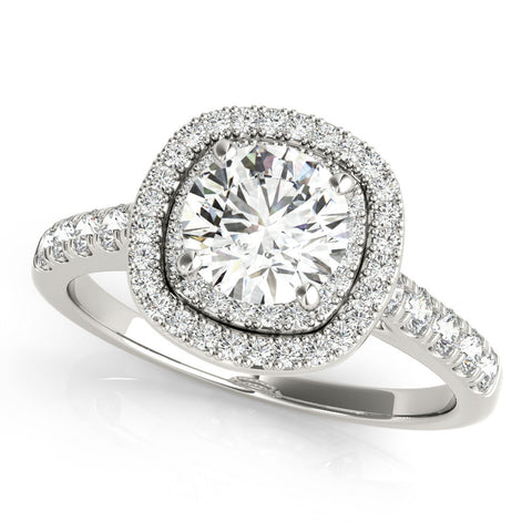 Silver Cushion Halo Round Diamond Pavé Band Ring with Four-Prong Setting