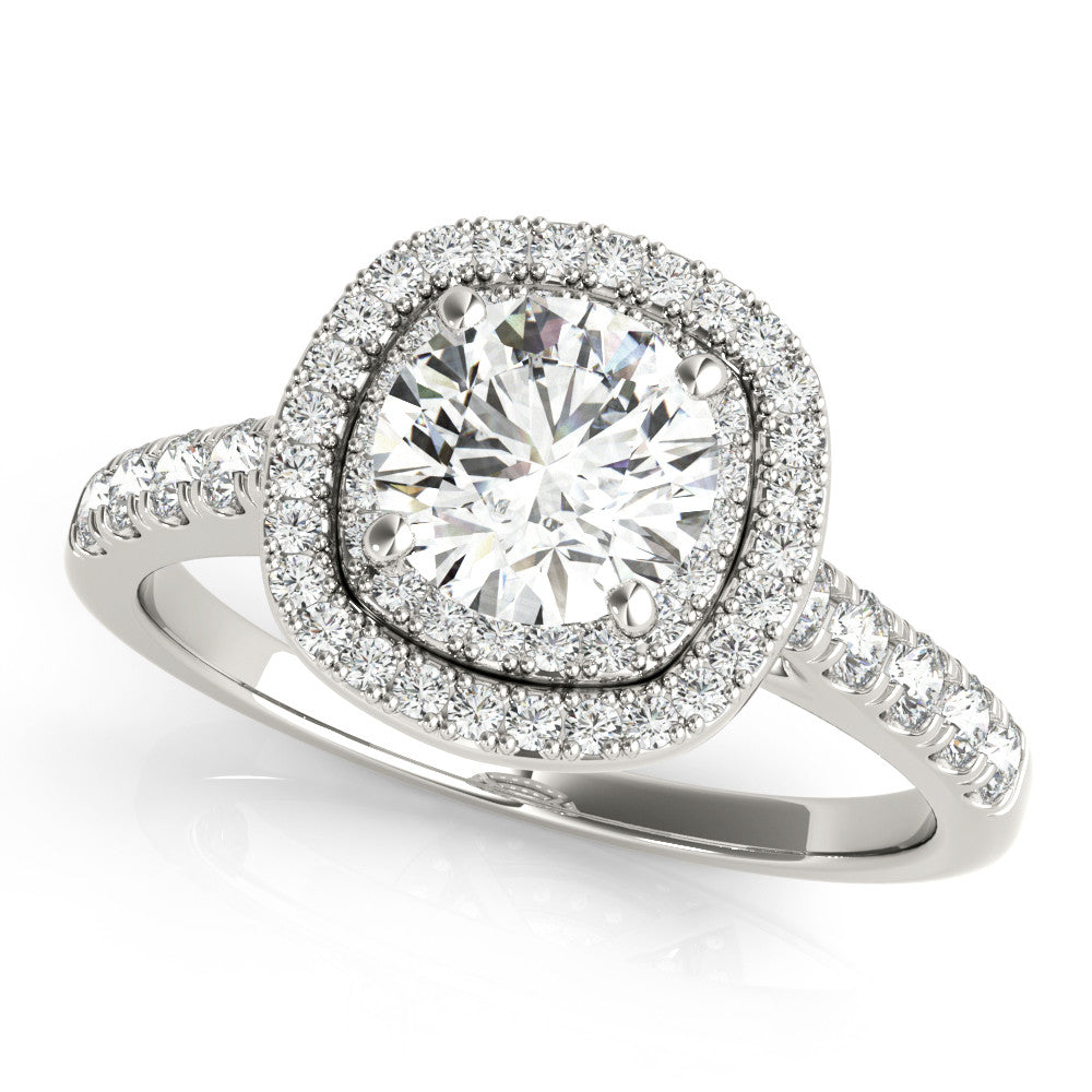 White gold Cushion Halo Round Diamond Pavé Band Ring with Four-Prong Setting