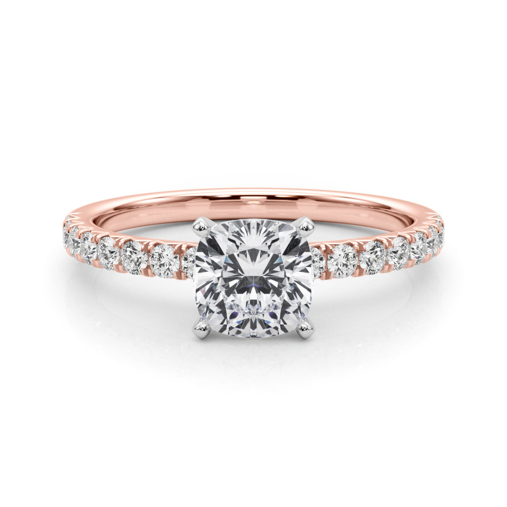Rose gold Cushion Solitaire Pave Diamond Engagement Ring with Four-Prong Setting