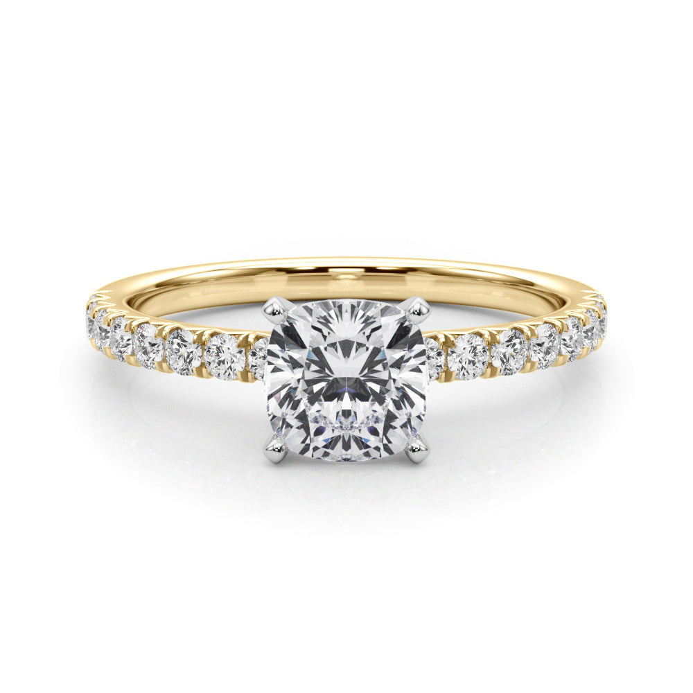Yellow gold Cushion Solitaire Pave Diamond Engagement Ring with Four-Prong Setting