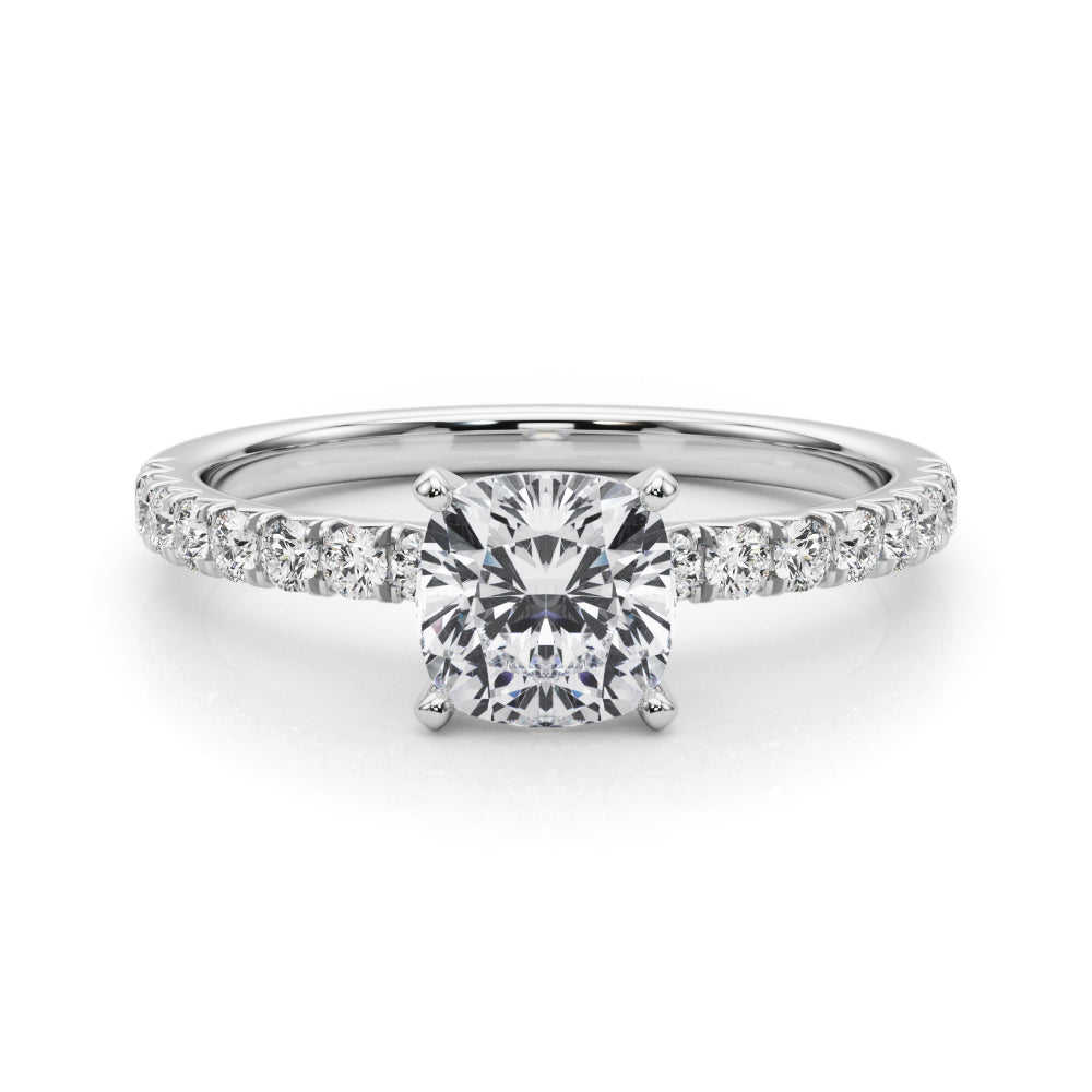 White gold Cushion Solitaire Pave Diamond Engagement Ring with Four-Prong Setting