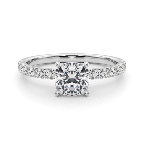 Silver Cushion Solitaire Pave Diamond Engagement Ring with Four-Prong Setting