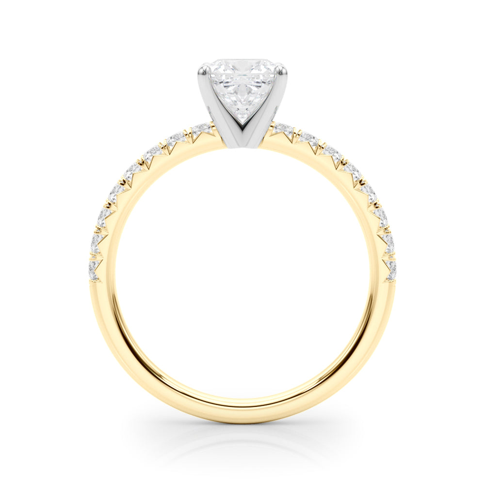 Yellow gold Cushion Solitaire Pave Diamond Engagement Ring with Four-Prong Setting