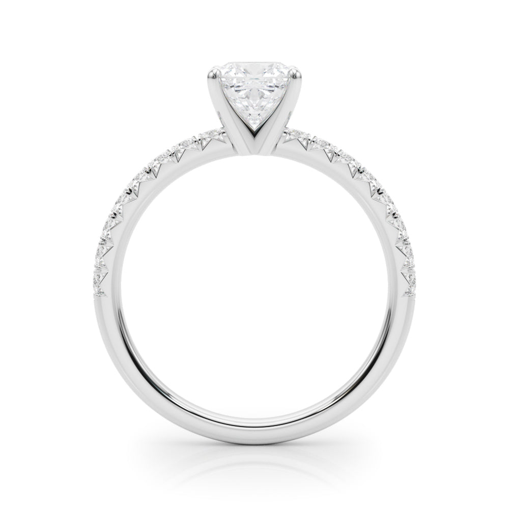 Platinum Cushion Solitaire Pave Diamond Engagement Ring with Four-Prong Setting