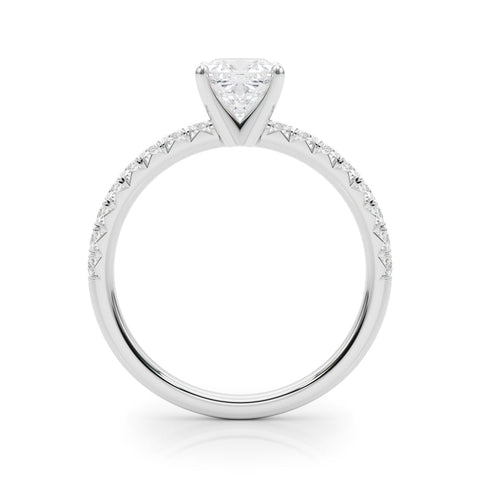 Silver Cushion Solitaire Pave Diamond Engagement Ring with Four-Prong Setting