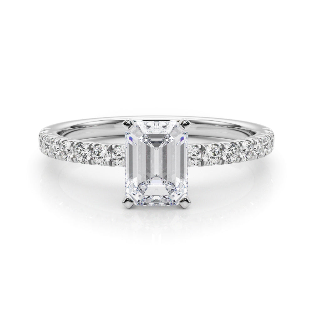 White gold Emerald Solitaire Pave Diamond Engagement Ring with Four-Prong Setting