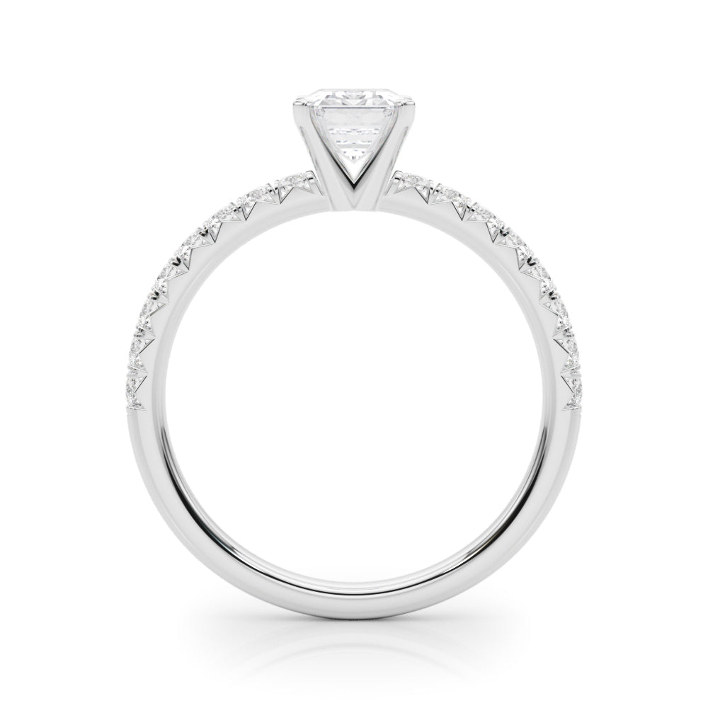 Platinum Emerald Solitaire Pave Diamond Engagement Ring with Four-Prong Setting