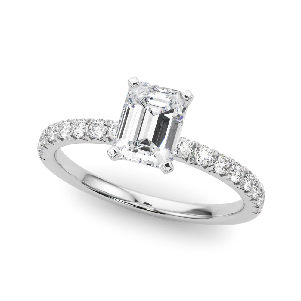 Silver Emerald Solitaire Pave Diamond Engagement Ring with Four-Prong Setting