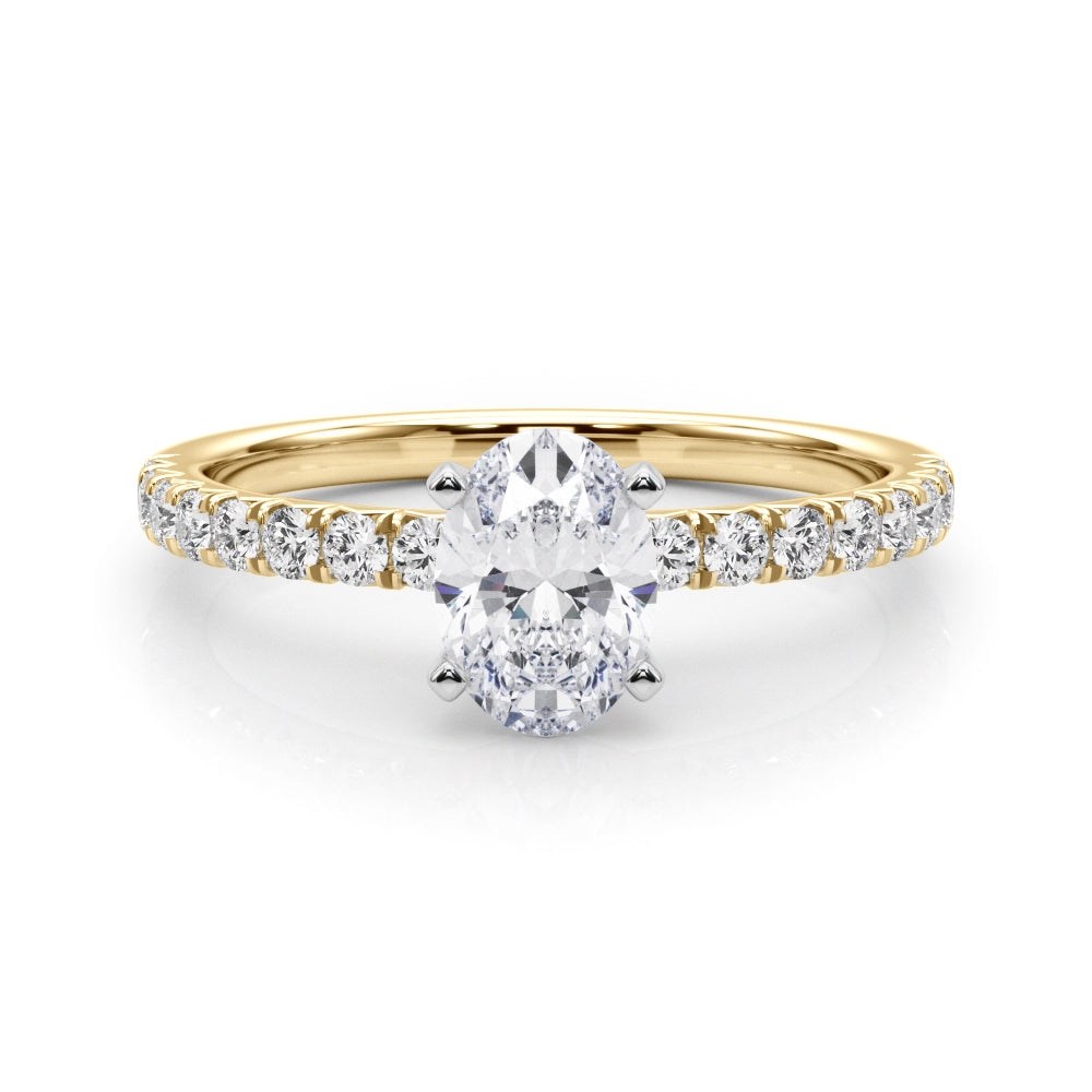 Yellow gold Oval Solitaire Pave Diamond Engagement Ring with Four-Prong Setting