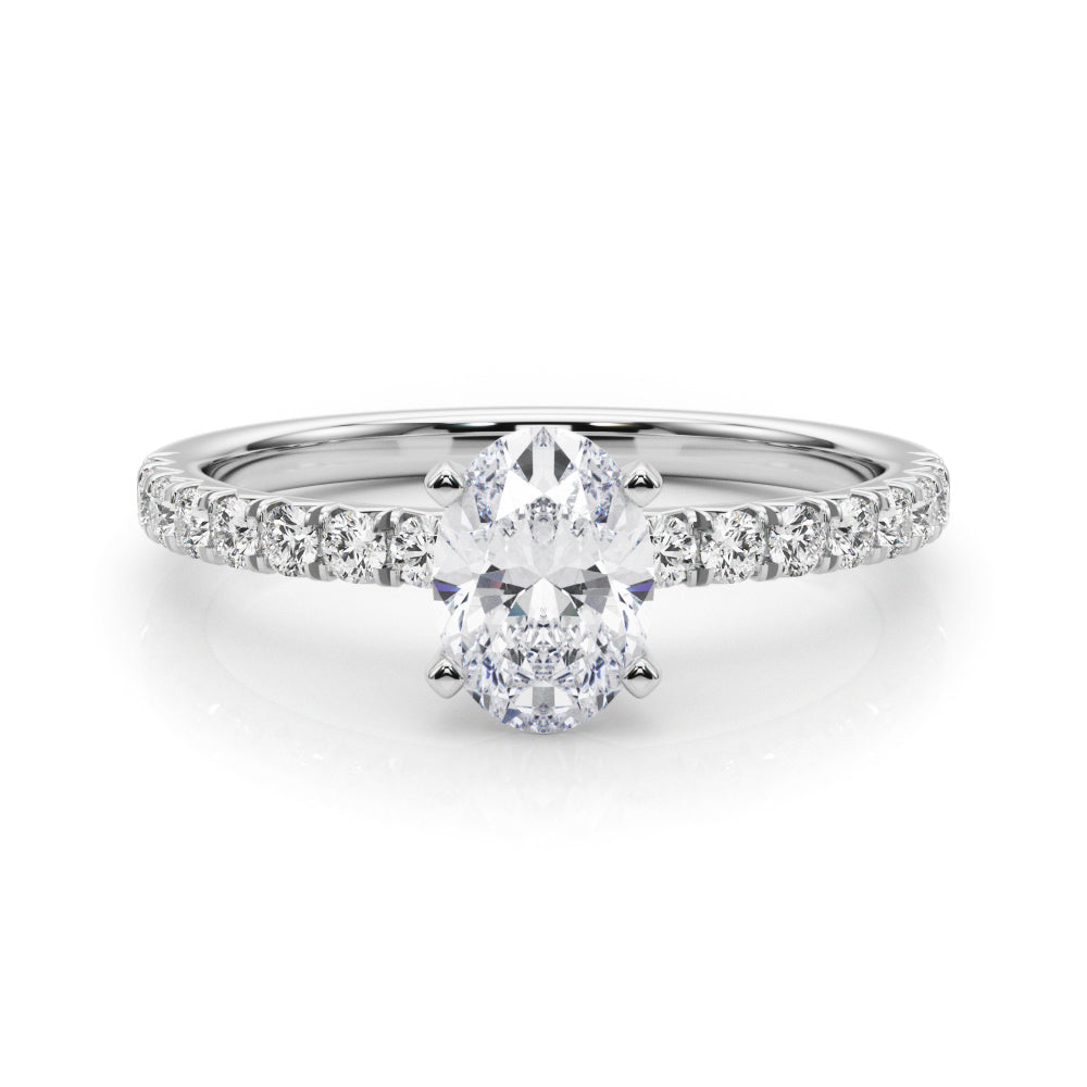 White gold Oval Solitaire Pave Diamond Engagement Ring with Four-Prong Setting