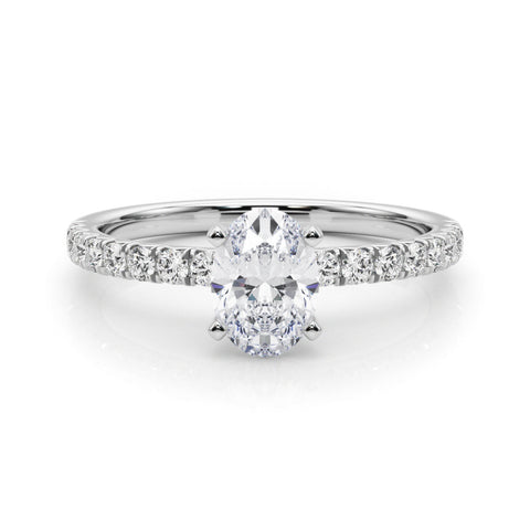 White gold Oval Solitaire Pave Diamond Engagement Ring with Four-Prong Setting