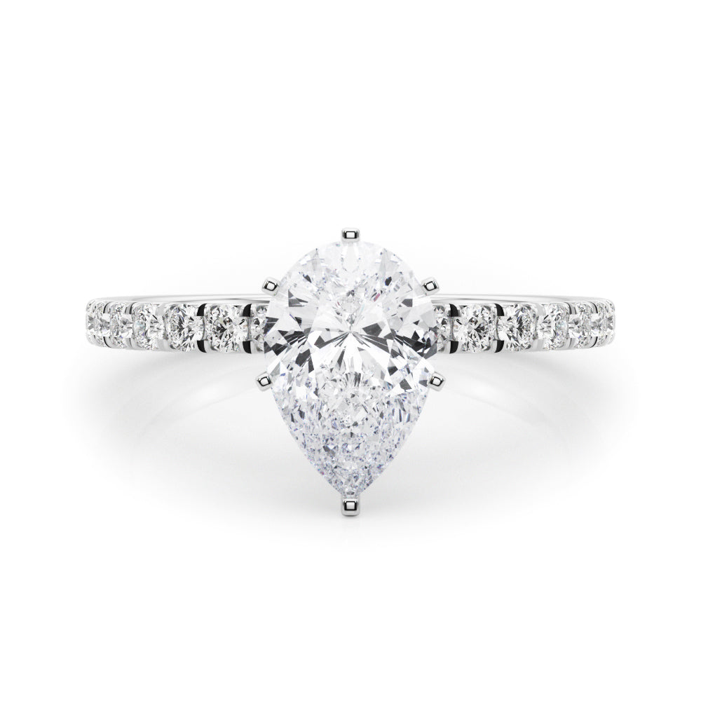 White gold Pear Solitaire Pave Diamond Engagement Ring with Four-Prong Setting